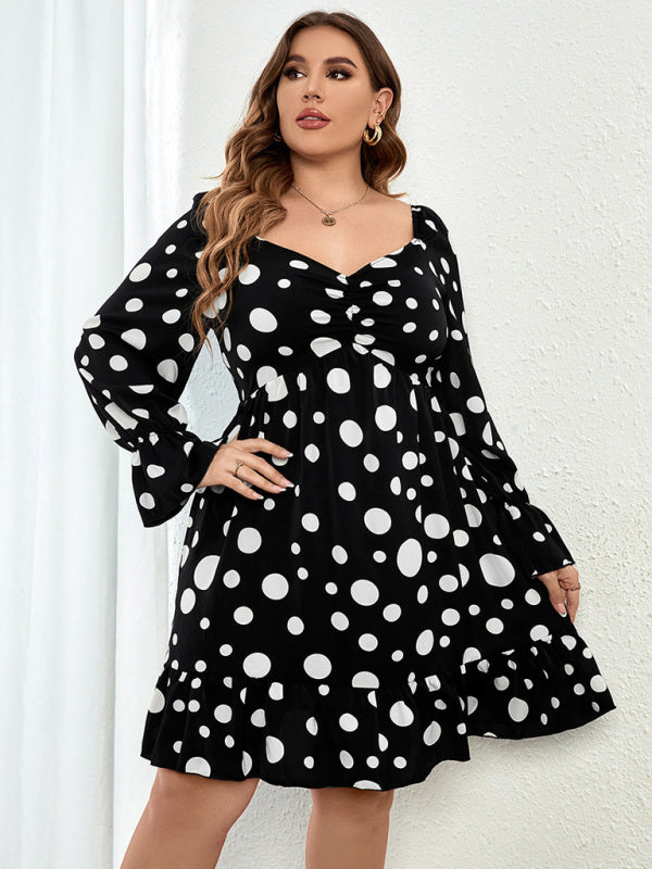 Women's Plus Size Sweetheart Neck Dot Print Ruched Puff Sleeve A Line Minidress