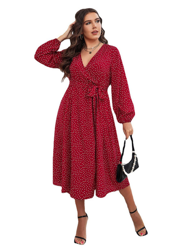 Women's Plus Size Dot Print Puff Sleeve Tie Waist V Neck Wrap Midi Dress
