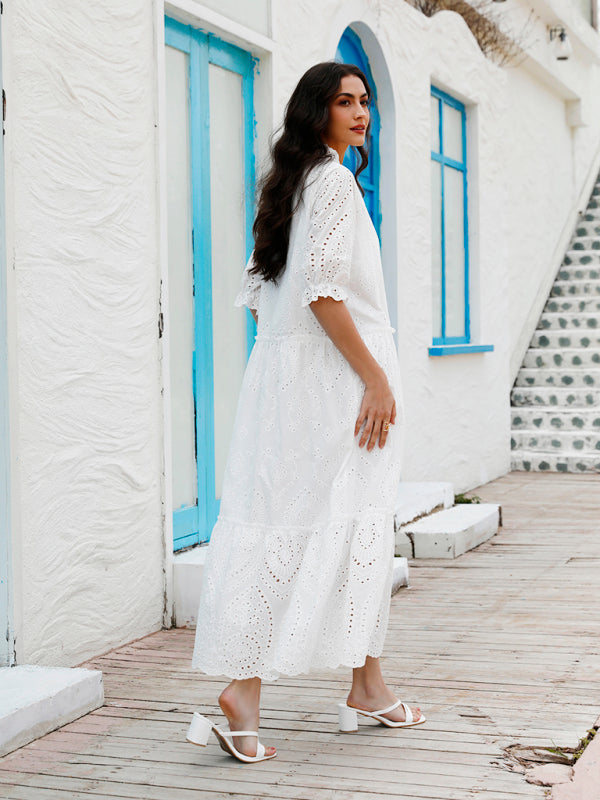 Casual sweet V-neck printed bearded short-sleeved mid-length dress for women