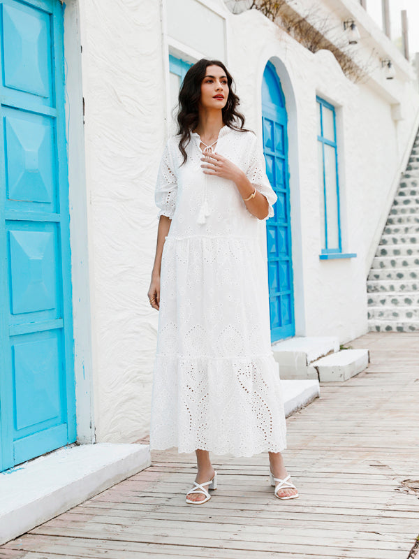 Casual sweet V-neck printed bearded short-sleeved mid-length dress for women