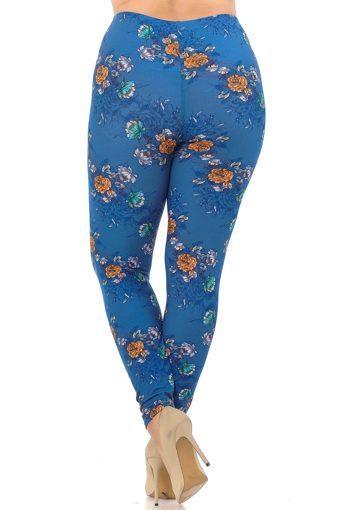 BUTTERY SOFT DENIM BLUE FLORAL ROSE EXTRA PLUS SIZE LEGGINGS - 3X-5X