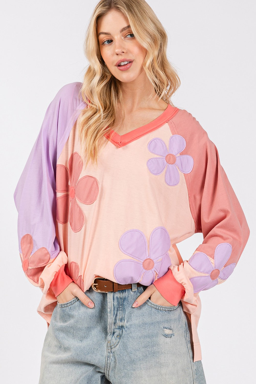 SAGE + FIG Full Size Daisy Applique Patch Color Block Long Sleeve Top