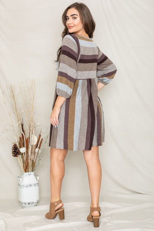 Mix Stripe Balloon Sleeve Midi Dress