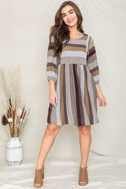 Mix Stripe Balloon Sleeve Midi Dress