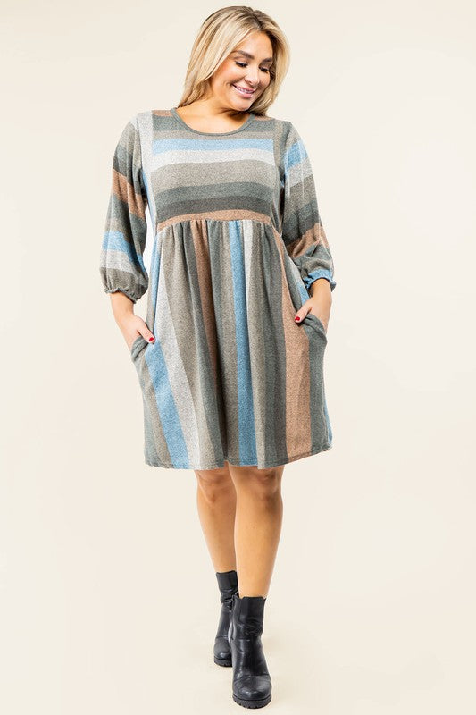 Mix Stripe Balloon Sleeve Midi Dress