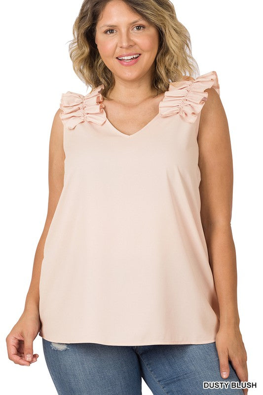 Plus Woven Wool Dobby Ruffle Trim Sleeveless Top