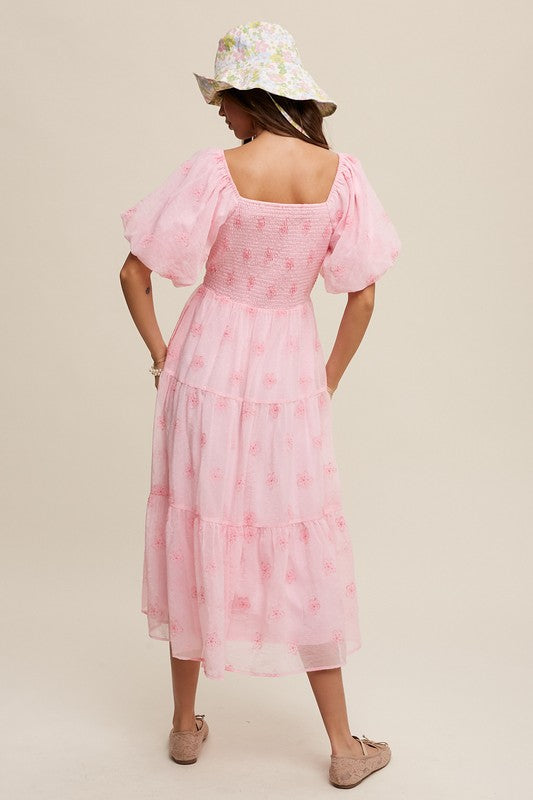 Flower Embroidered Puff Sleeve Tiered Maxi Dress