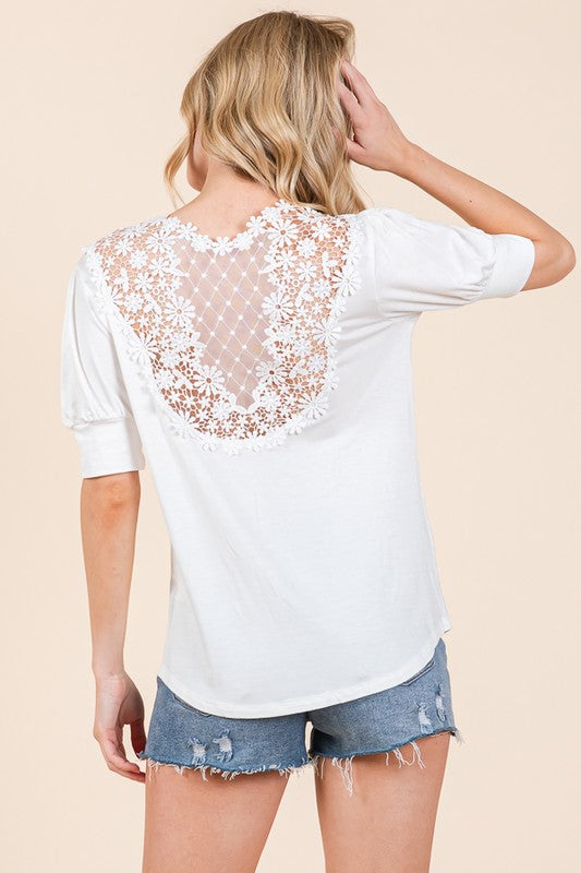 Crochet Lace Back Puff Sleeve Top