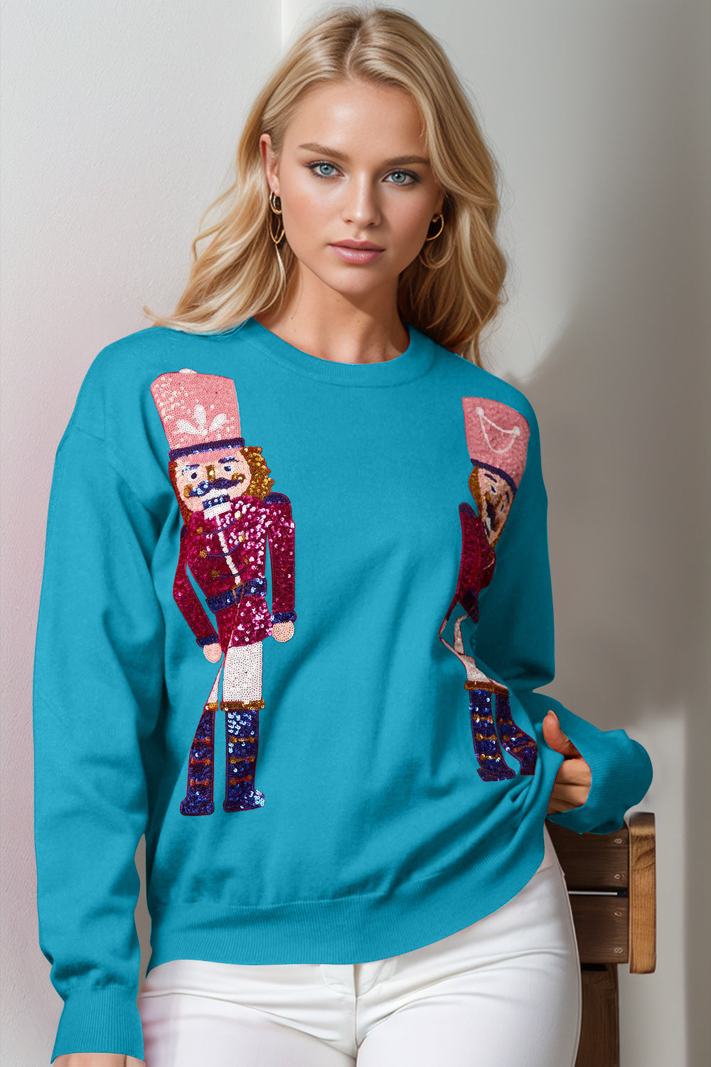 Double Take Full Size Nutcracker Sequin Long Sleeve Sweater