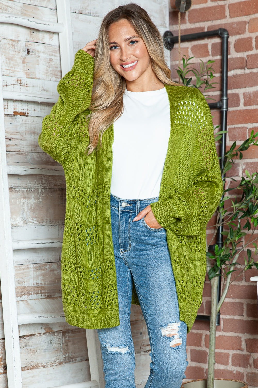 Openwork Open Front Long Sleeve Cardigan