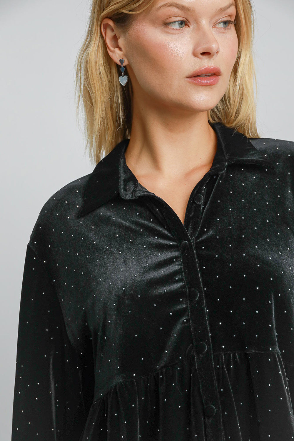 Umgee Full Size Polka Dot Button Up Half Sleeve Shirt