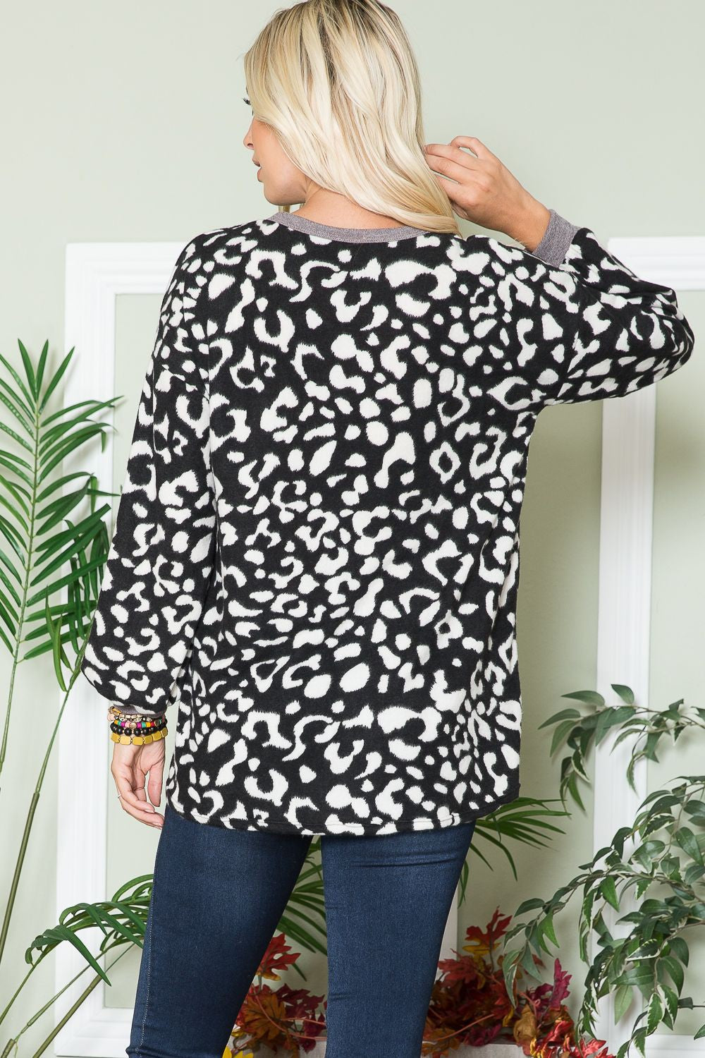 Celeste Full Size Leopard V-Neck Long Sleeve Blouse