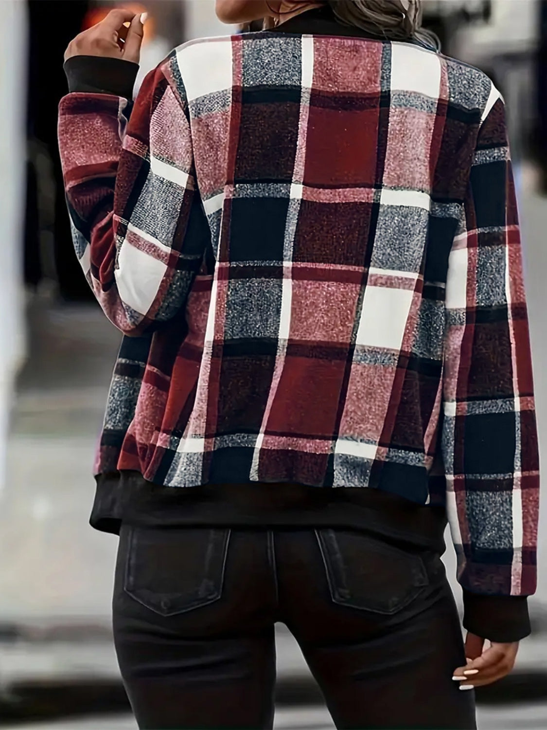 Plus Size Plaid Baseball Collar Zip Up Jacket