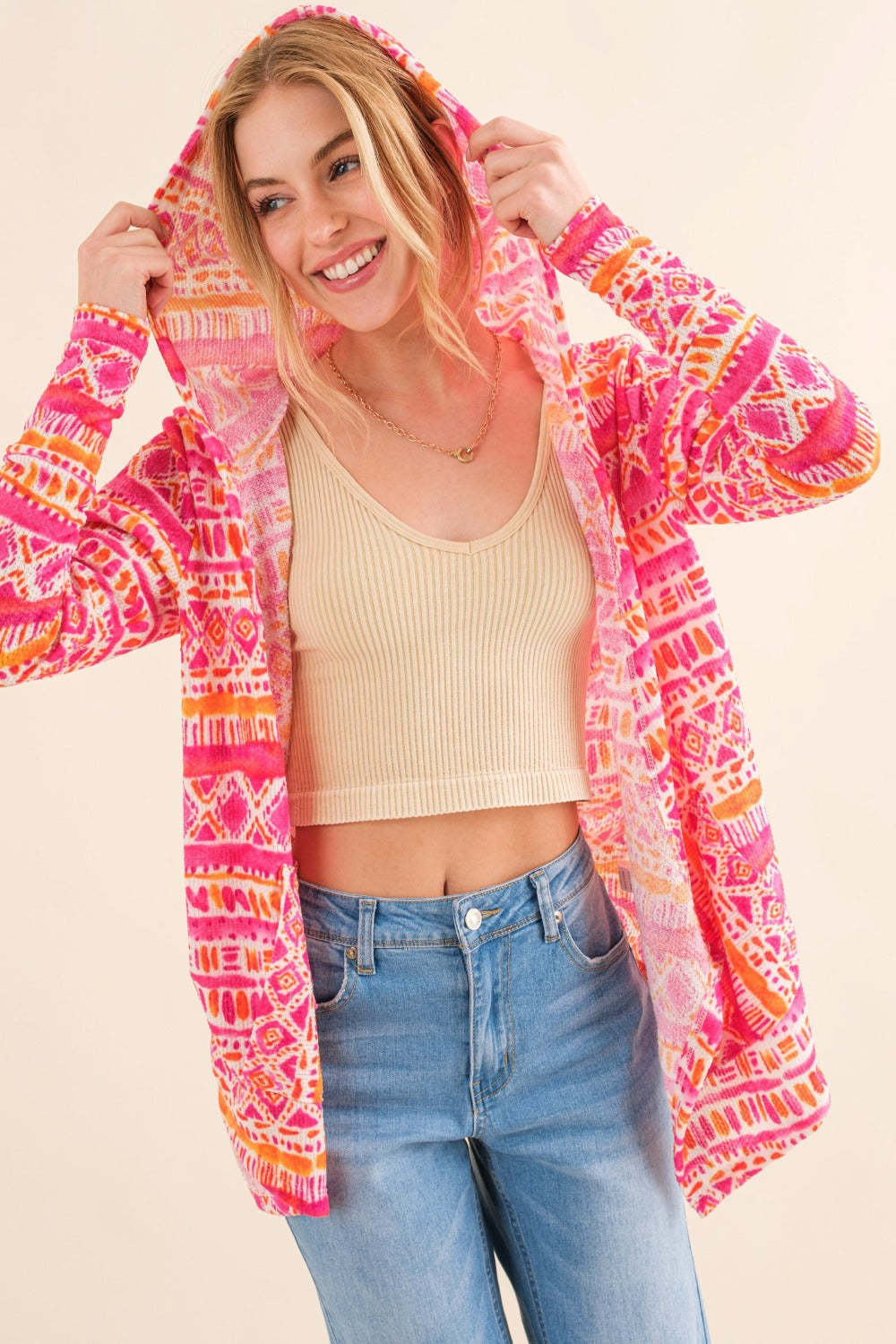 And The Why Full Size Printed Thermal Hooded Open Front Cardigan