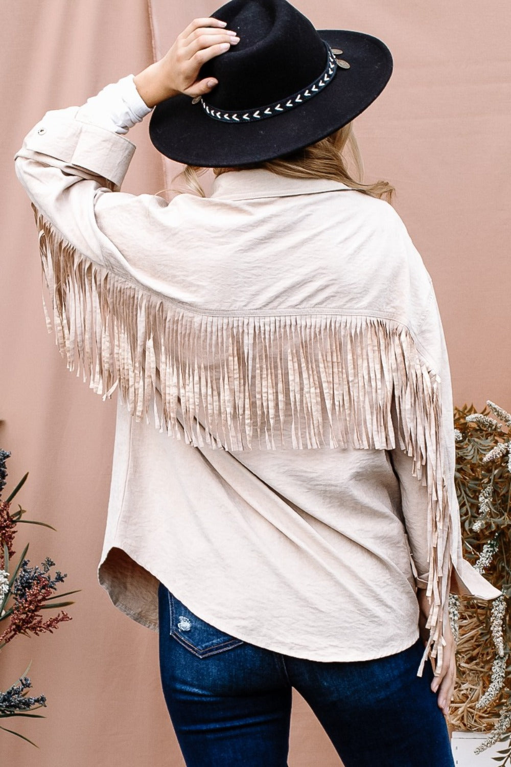 And The Why Full Size Fringe Back Detailed Button Down Shacket