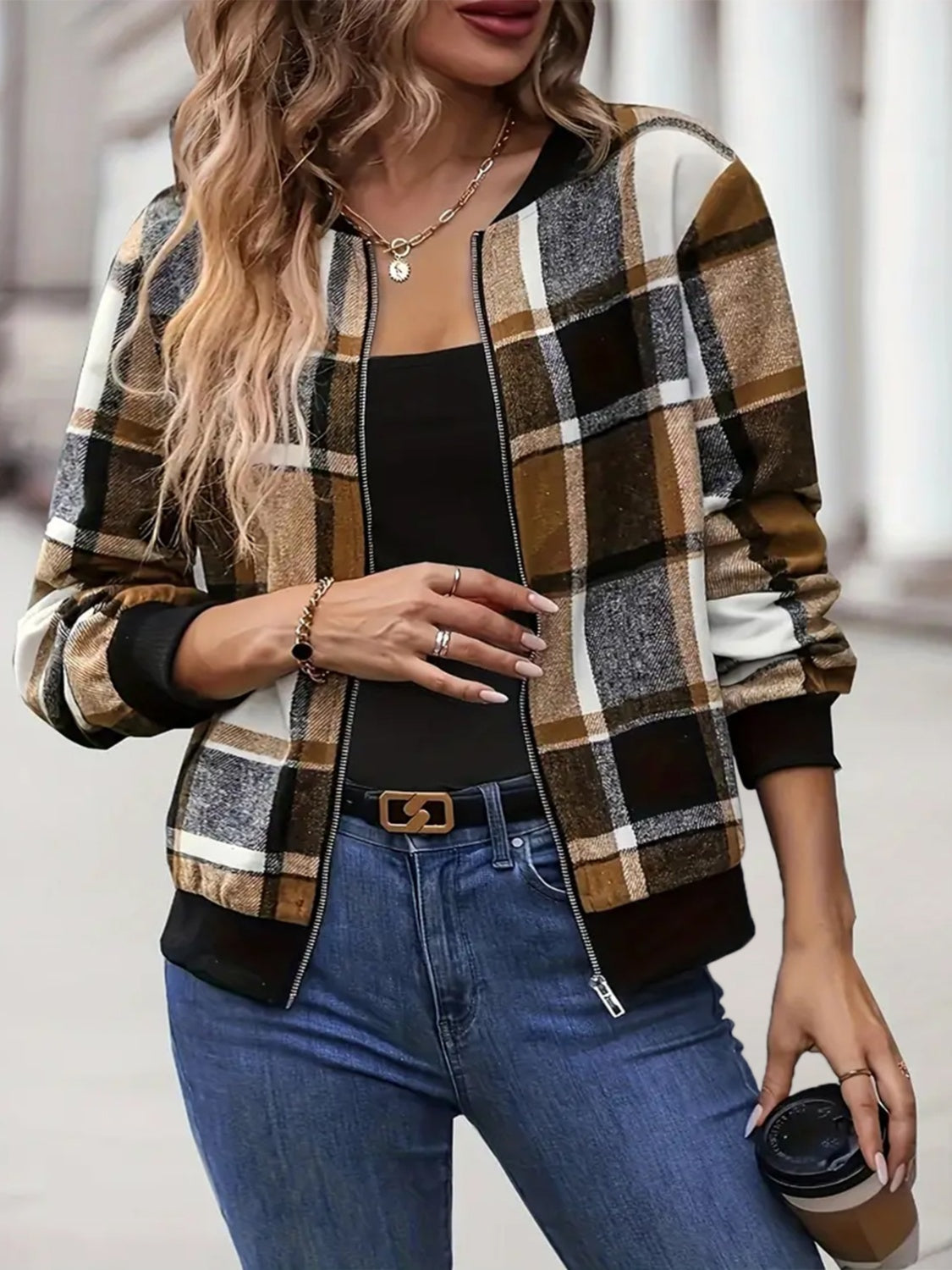 Plus Size Plaid Baseball Collar Zip Up Jacket