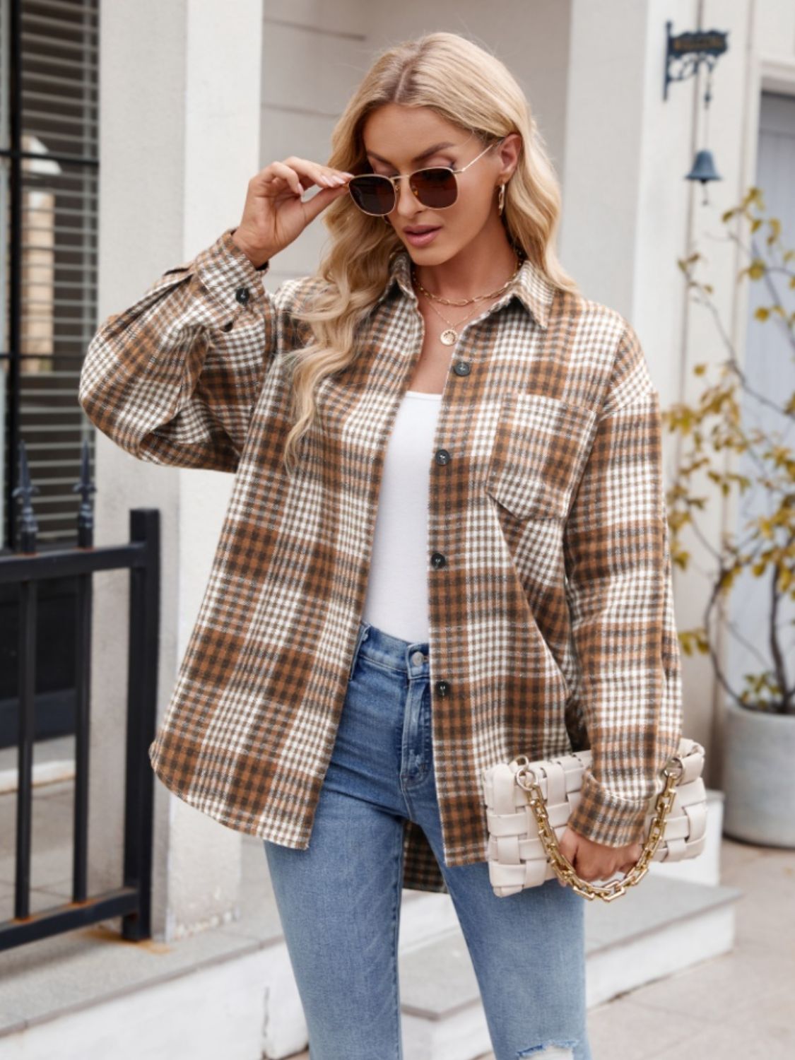 Mandy Pocketed Plaid Collared Neck Long Sleeve Shirt