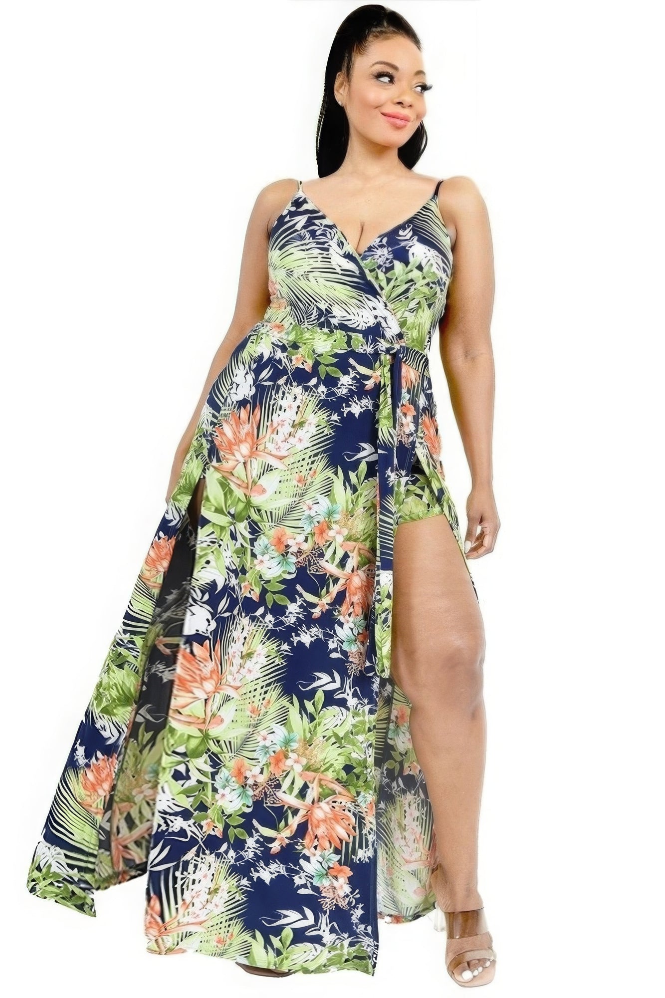 Plus Tropical Leaf Print Surplice Maxi Dress