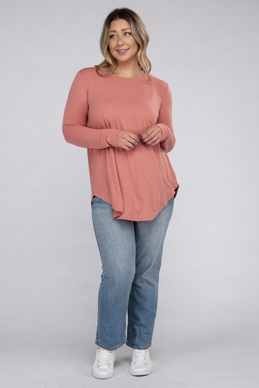 Plus Long Sleeve Round Neck Round Hem Top