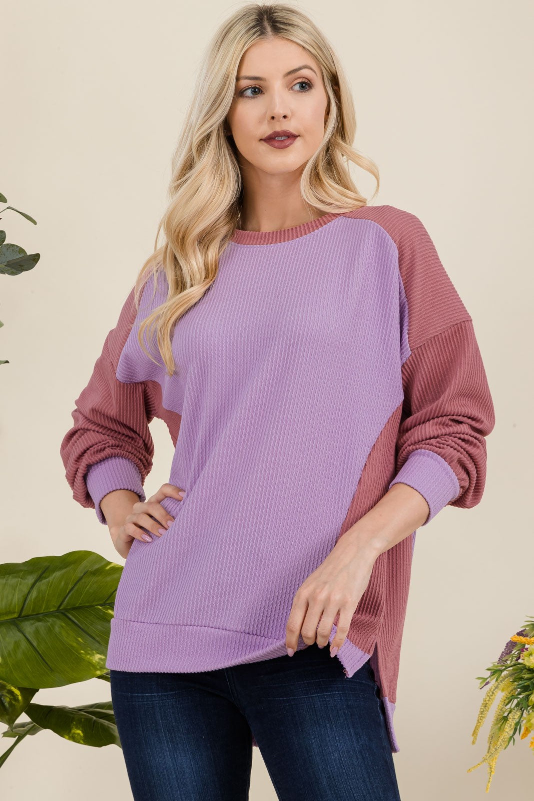 Celeste Full Size High-Low Contrast Round Neck Sweatshirt