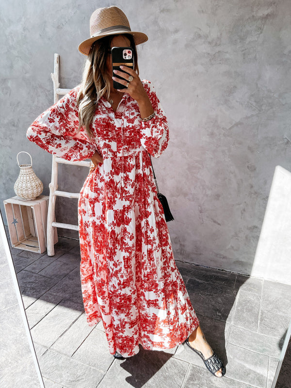 Women's Fashion Print Ruffle Neck Long Sleeve Resort Dress