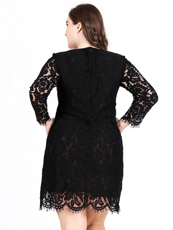 Women’s Solid Color Embroidered Lace Overlay Three Quarter Midi Dress