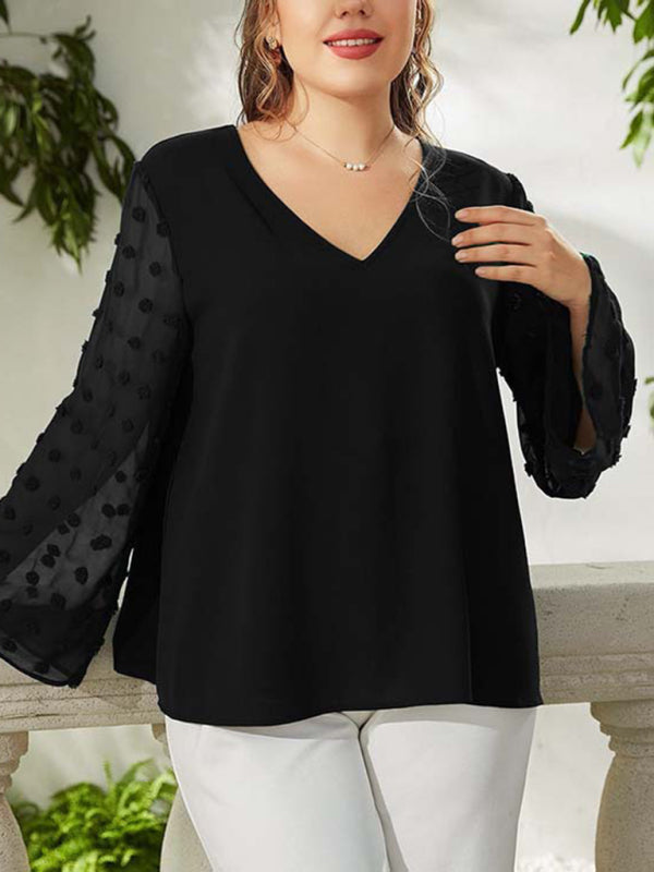 Women's Plus Size Solid Color Lace Polka Pot Sleeve V Neck Blouse