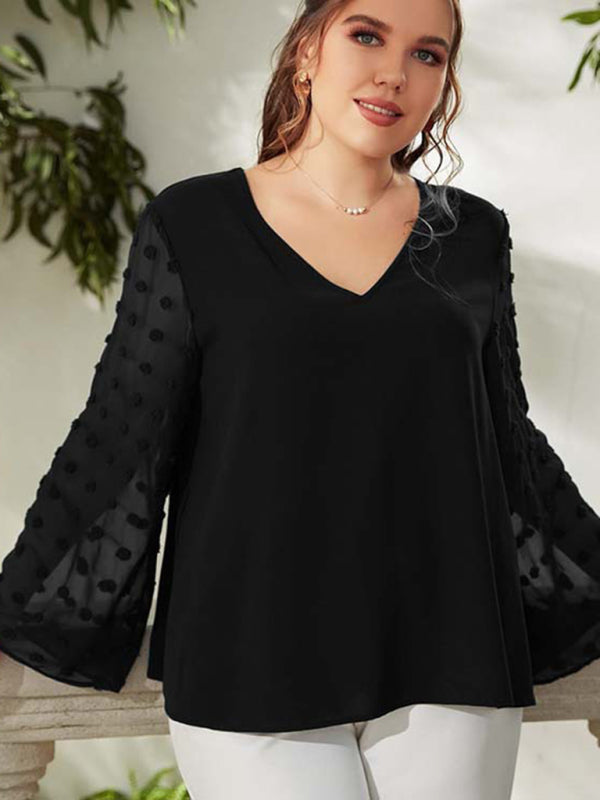 Women's Plus Size Solid Color Lace Polka Pot Sleeve V Neck Blouse