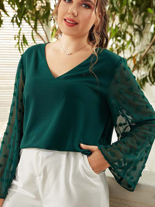 Women's Plus Size Solid Color Lace Polka Pot Sleeve V Neck Blouse