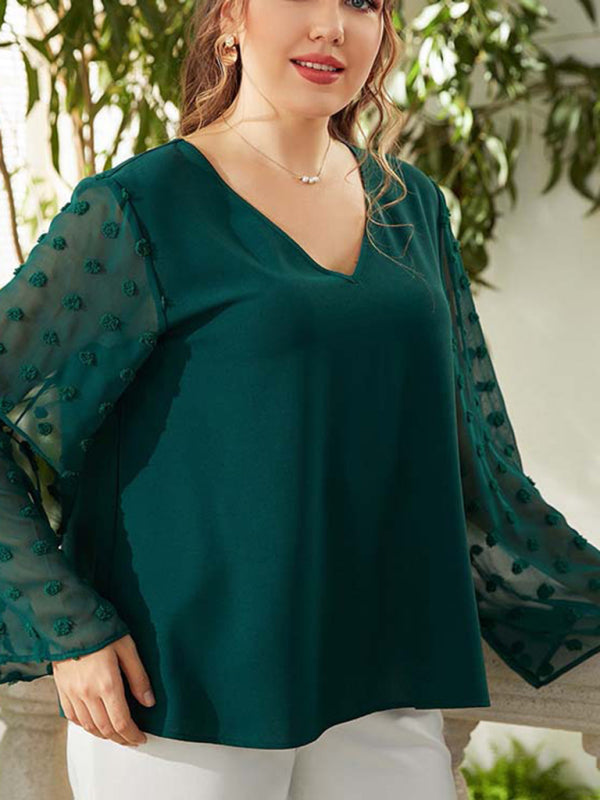 Women's Plus Size Solid Color Lace Polka Pot Sleeve V Neck Blouse