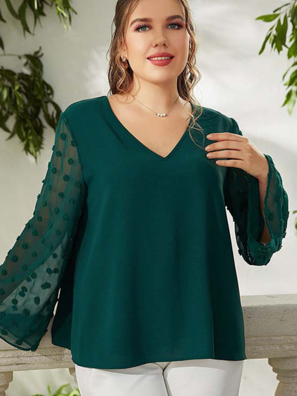 Women's Plus Size Solid Color Lace Polka Pot Sleeve V Neck Blouse