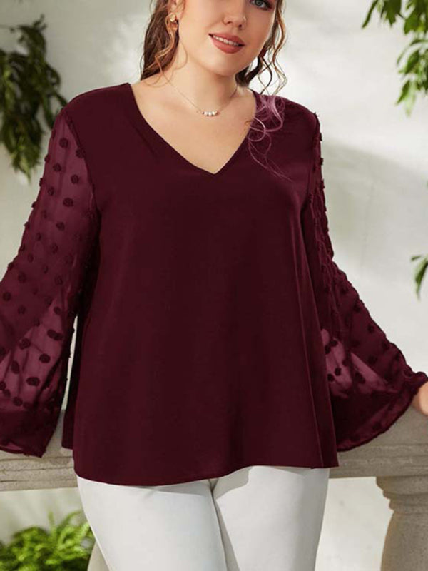 Women's Plus Size Solid Color Lace Polka Pot Sleeve V Neck Blouse