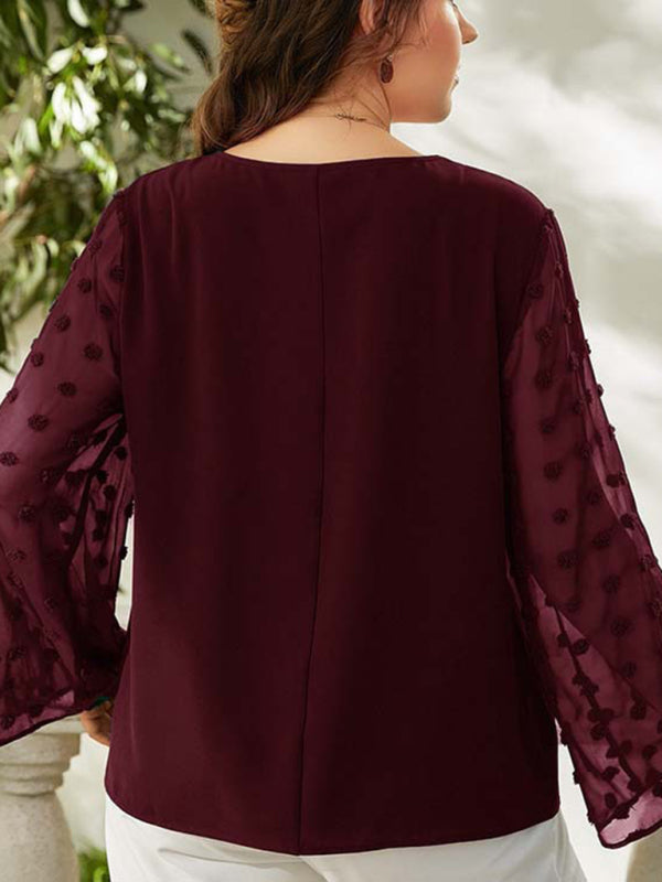 Women's Plus Size Solid Color Lace Polka Pot Sleeve V Neck Blouse