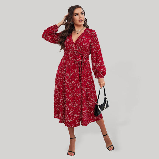 Women's Plus Size Dot Print Puff Sleeve Tie Waist V Neck Wrap Midi Dress