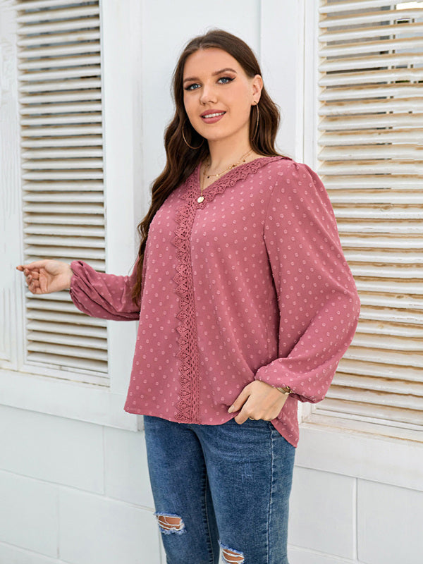 Women's Solid Color Plus Size Swiss Lace Trim Swiss Dots Puff Sleeve Blouse