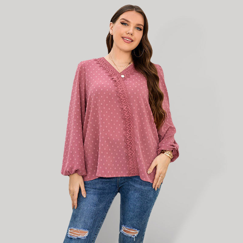 Women's Solid Color Plus Size Swiss Lace Trim Swiss Dots Puff Sleeve Blouse