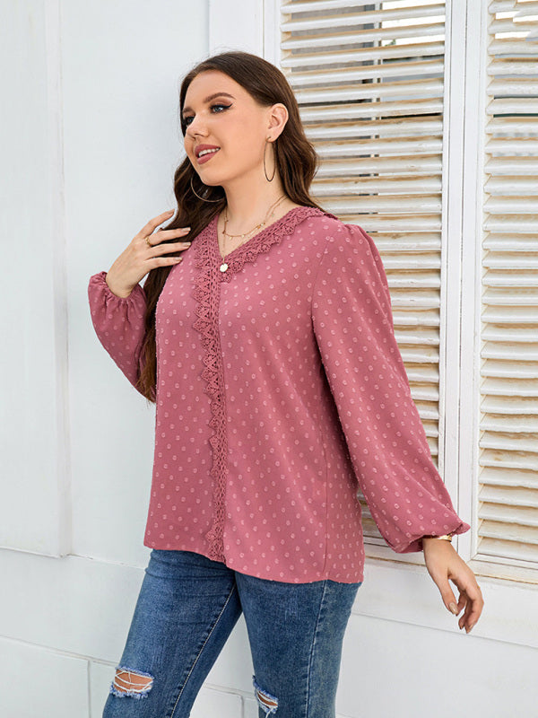 Women's Solid Color Plus Size Swiss Lace Trim Swiss Dots Puff Sleeve Blouse