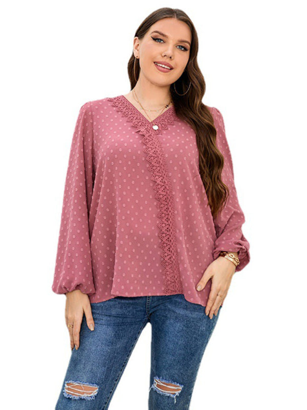 Women's Solid Color Plus Size Swiss Lace Trim Swiss Dots Puff Sleeve Blouse