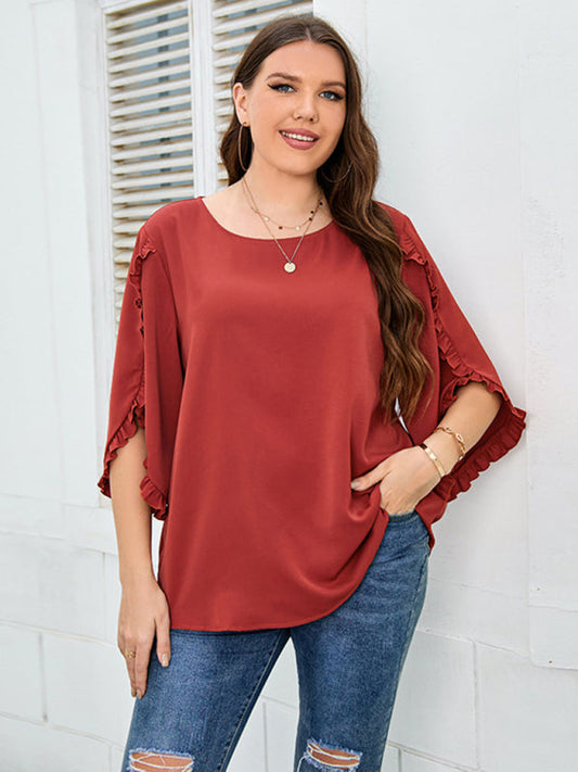 Plus Size Ladies Shirt Red Half Sleeve Loose Top