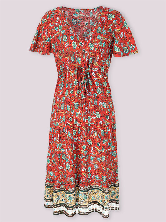 Slim-fit small floral print single-breasted mid-length V-neck short-sleeved dress