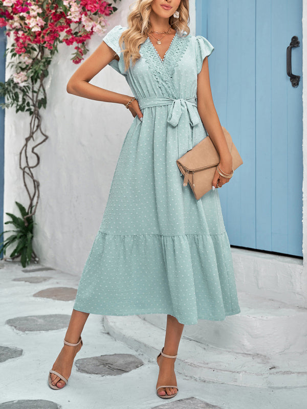 Casual new solid color casual tie waist lace V-neck dress