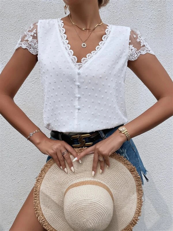 V-Neck Shirt Collar Sleeve Panel Lace Trim Shirt