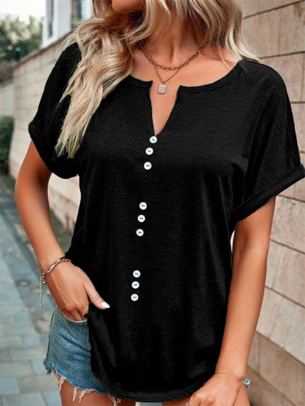 Women's Knitted Casual V-Neck Button Short Sleeve Top