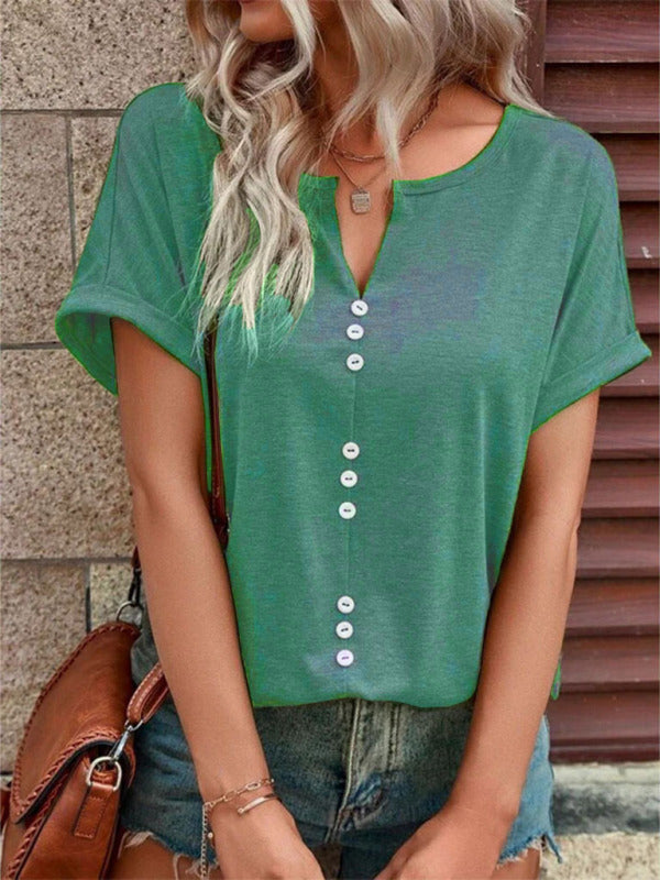 Women's Knitted Casual V-Neck Button Short Sleeve Top