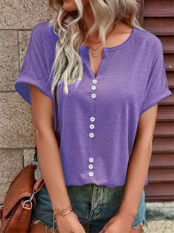 Women's Knitted Casual V-Neck Button Short Sleeve Top