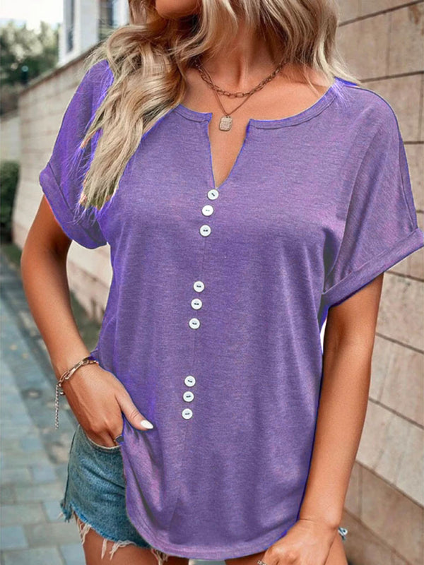 Women's Knitted Casual V-Neck Button Short Sleeve Top