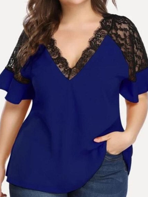 New large size V-neck short-sleeved women's stitching lace solid color top