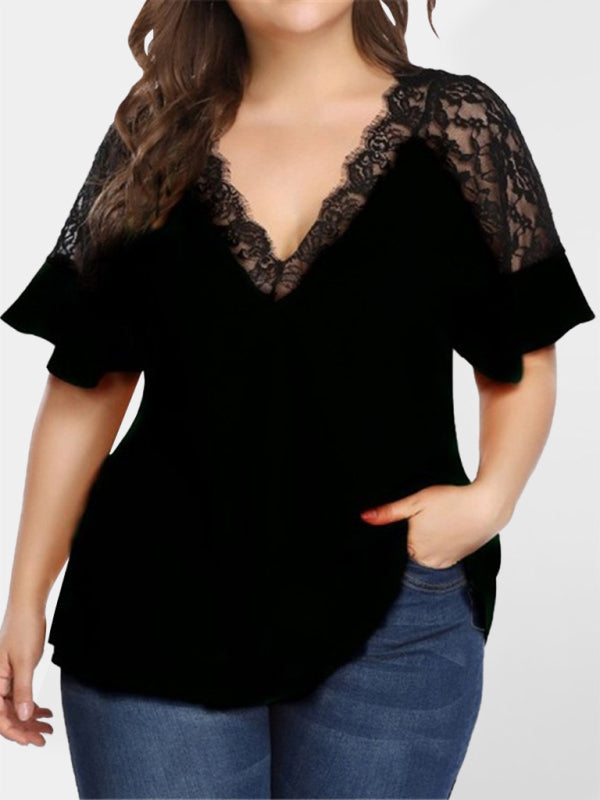 New large size V-neck short-sleeved women's stitching lace solid color top