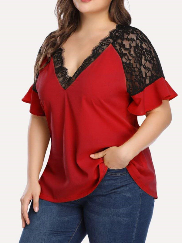 New large size V-neck short-sleeved women's stitching lace solid color top