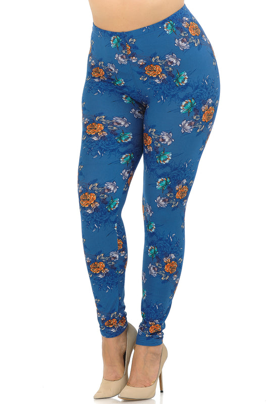 BUTTERY SOFT DENIM BLUE FLORAL ROSE EXTRA PLUS SIZE LEGGINGS - 3X-5X